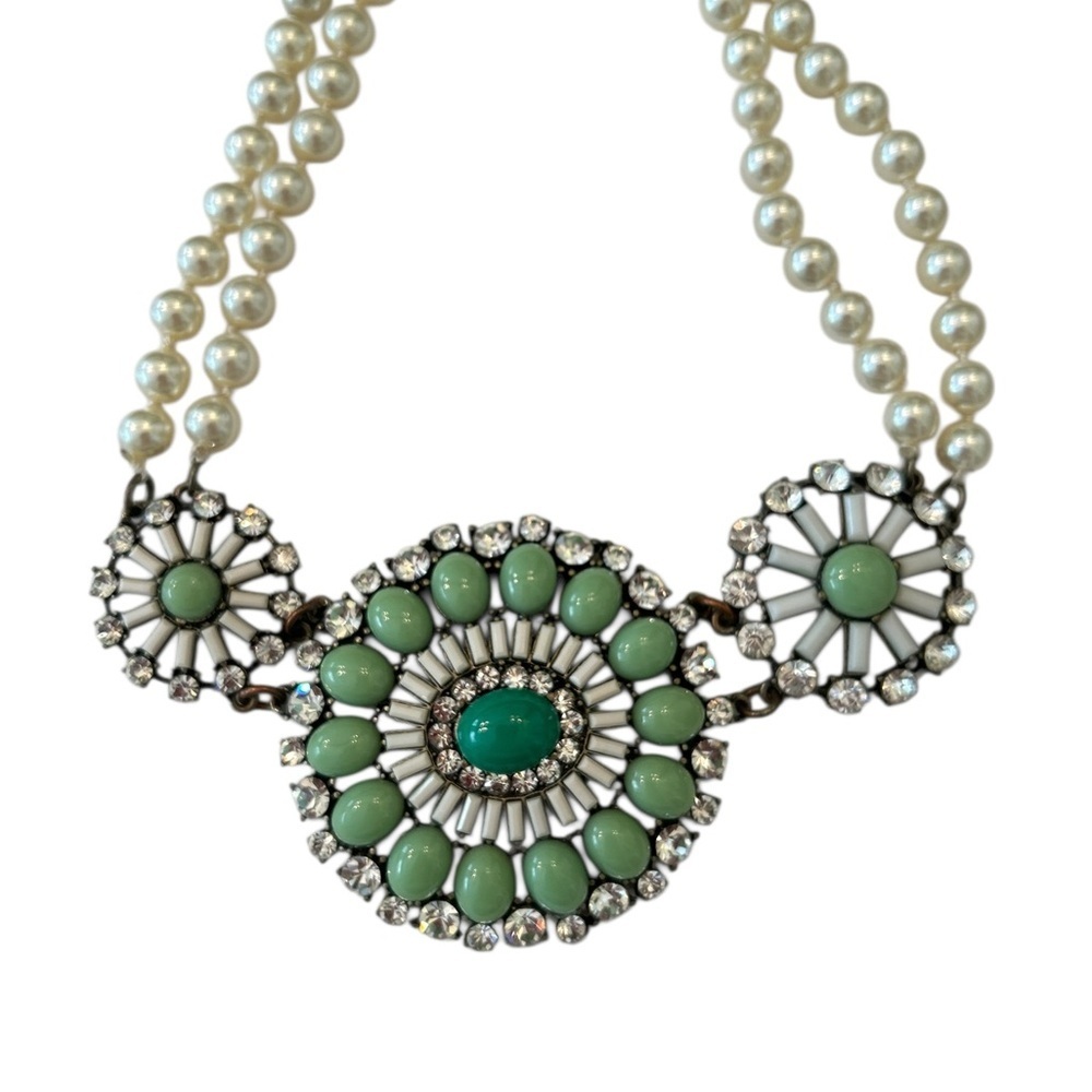 J. Crew Green bead, crystal circular Pearl Double Strand Necklace marked